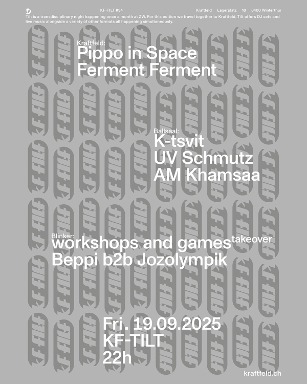 Kf-tilt, im Ballsaal, K-tsvit, am Khamsaa, UV-Schmutz, im Blinker, Jo b2b Jozolympik, workshops and games, im Kraftfeld, Pippo in Space, Ferment Ferment