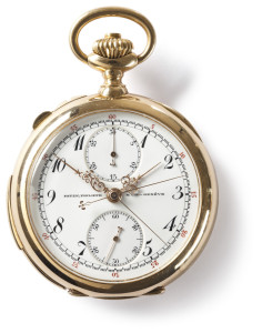 Golduhr mit Doppelchronograph, Stunden- und Minutenzähler, Genf, 1905, sign.: PATEK, PHILIPPE & CIE – GENÈVE, NO 125330. MADE FOR S. NORDLINGER & SON, LOS ANGELES, CAL. Foto: Michael Lio